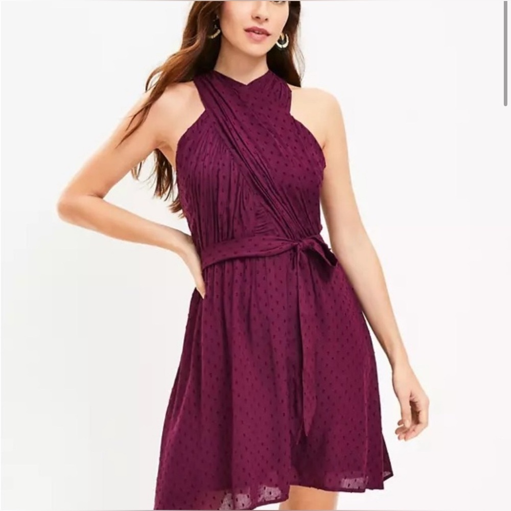 NWT LOFT Crossover Twist Front Halter Sleeveless Dress Sweet Beet Plum Purple